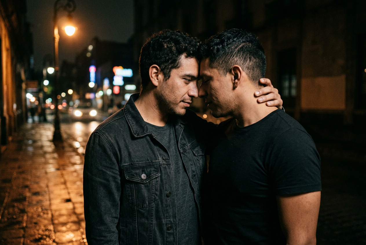 Man in an urban night setting, intrigued look