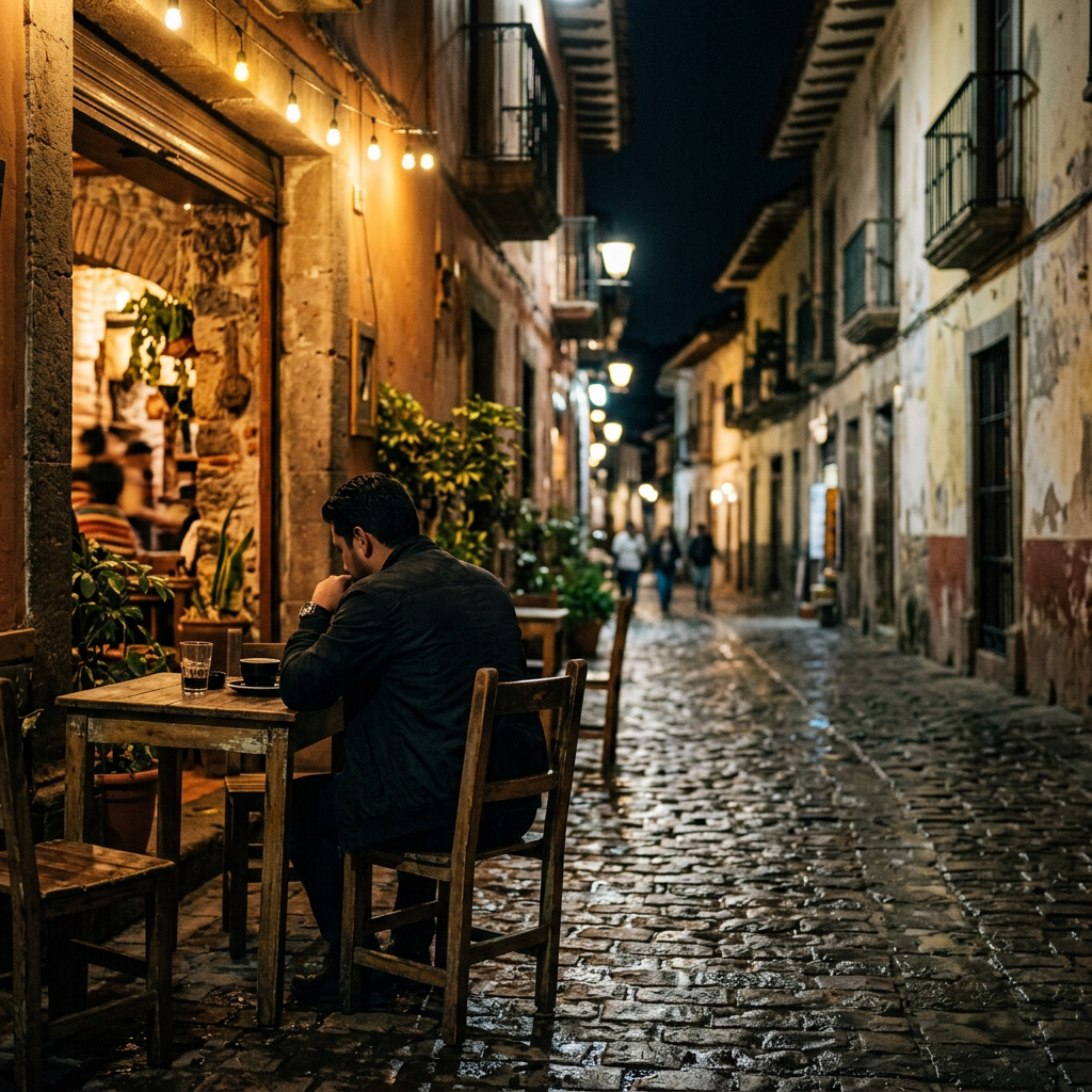 Man alone at a cafe table at night