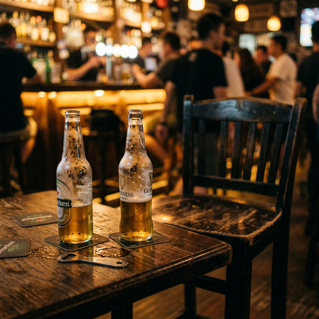 Bar table at night with two unfinished beers