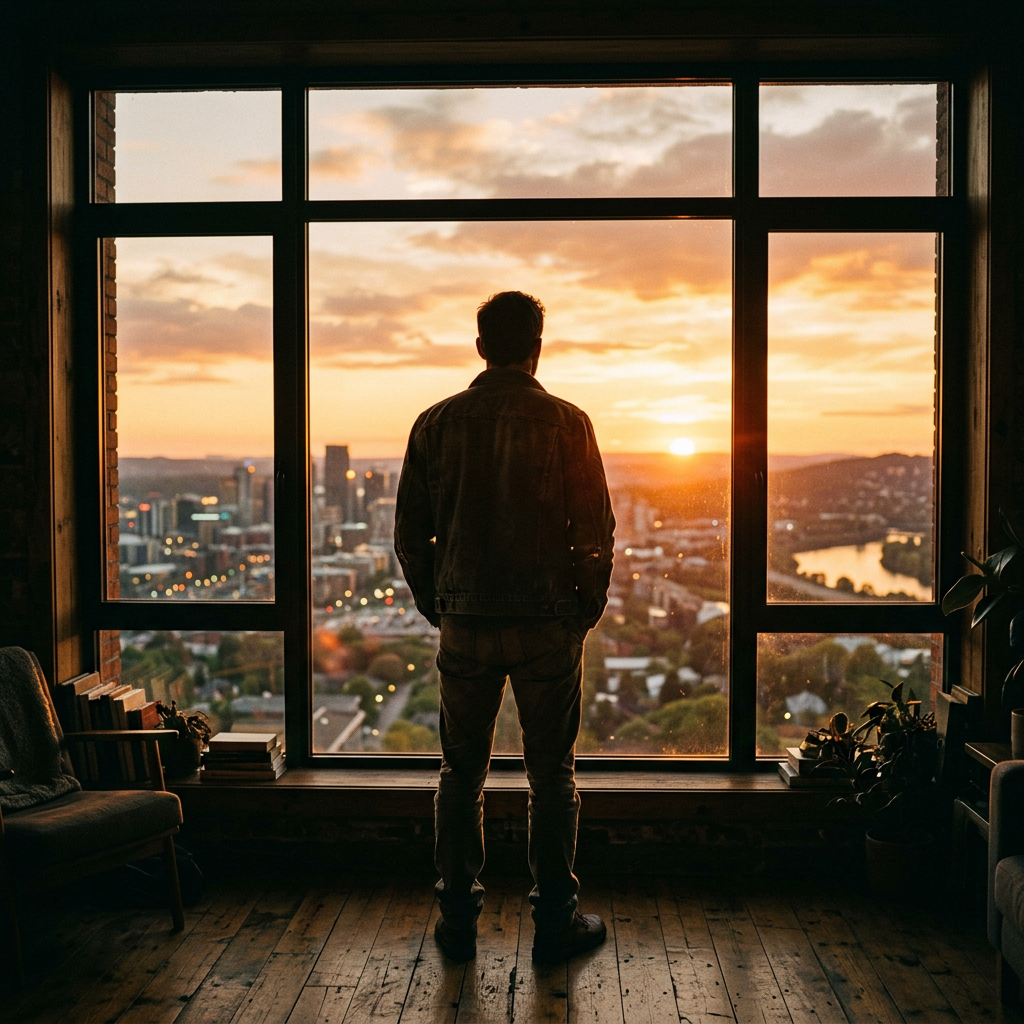 Man alone looking through a window at dusk
