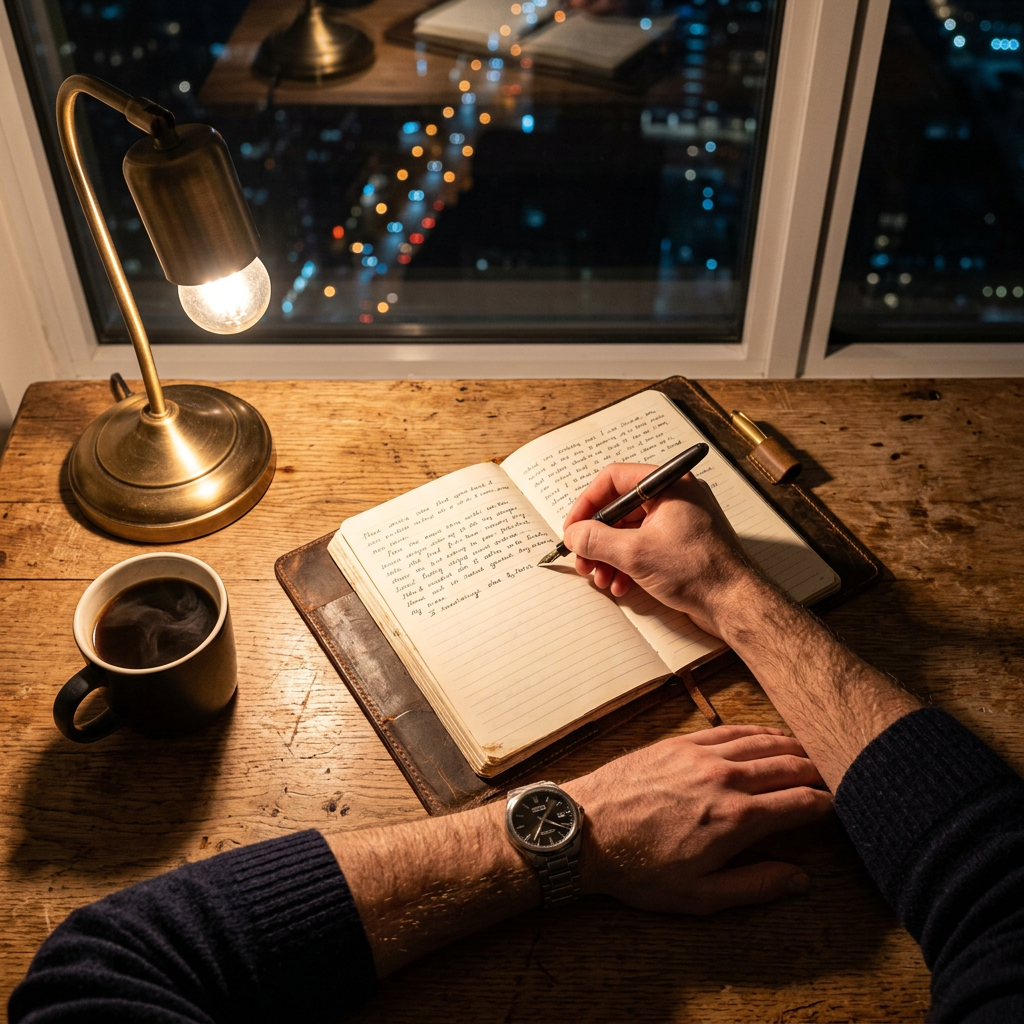 Man writing notes at a desk at night