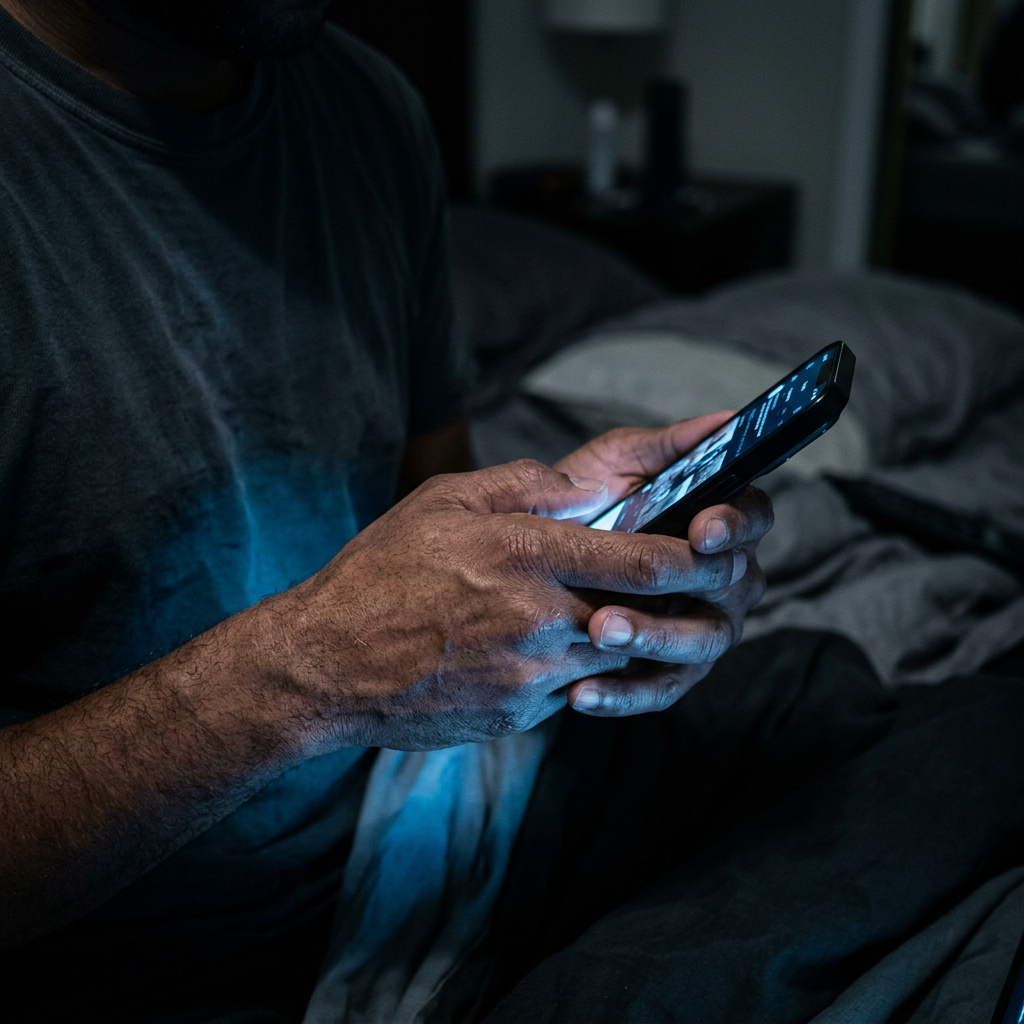 Frustrated man looking at phone at night