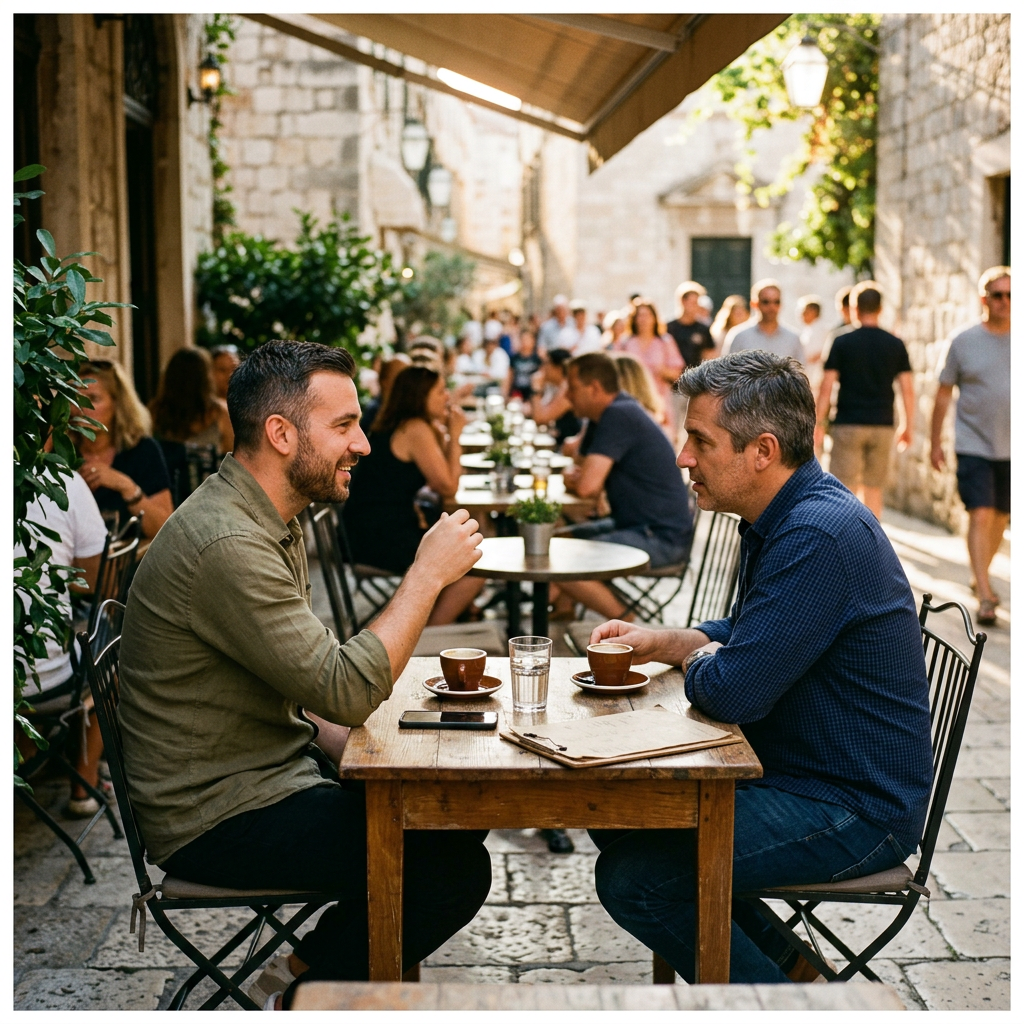 Two men in quiet conversation at night