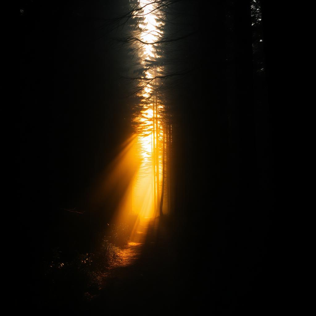 Path through a dense forest with warm light