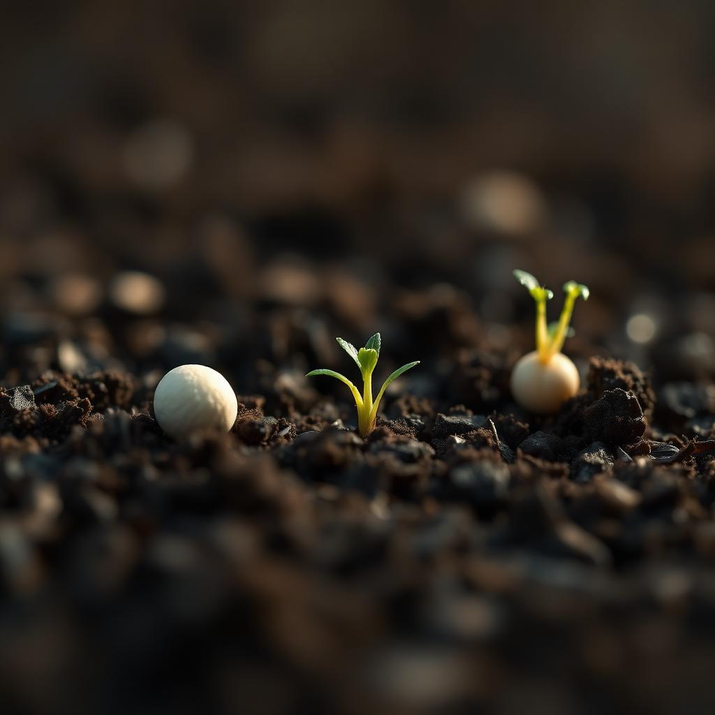 Three seeds sprouting in dark soil
