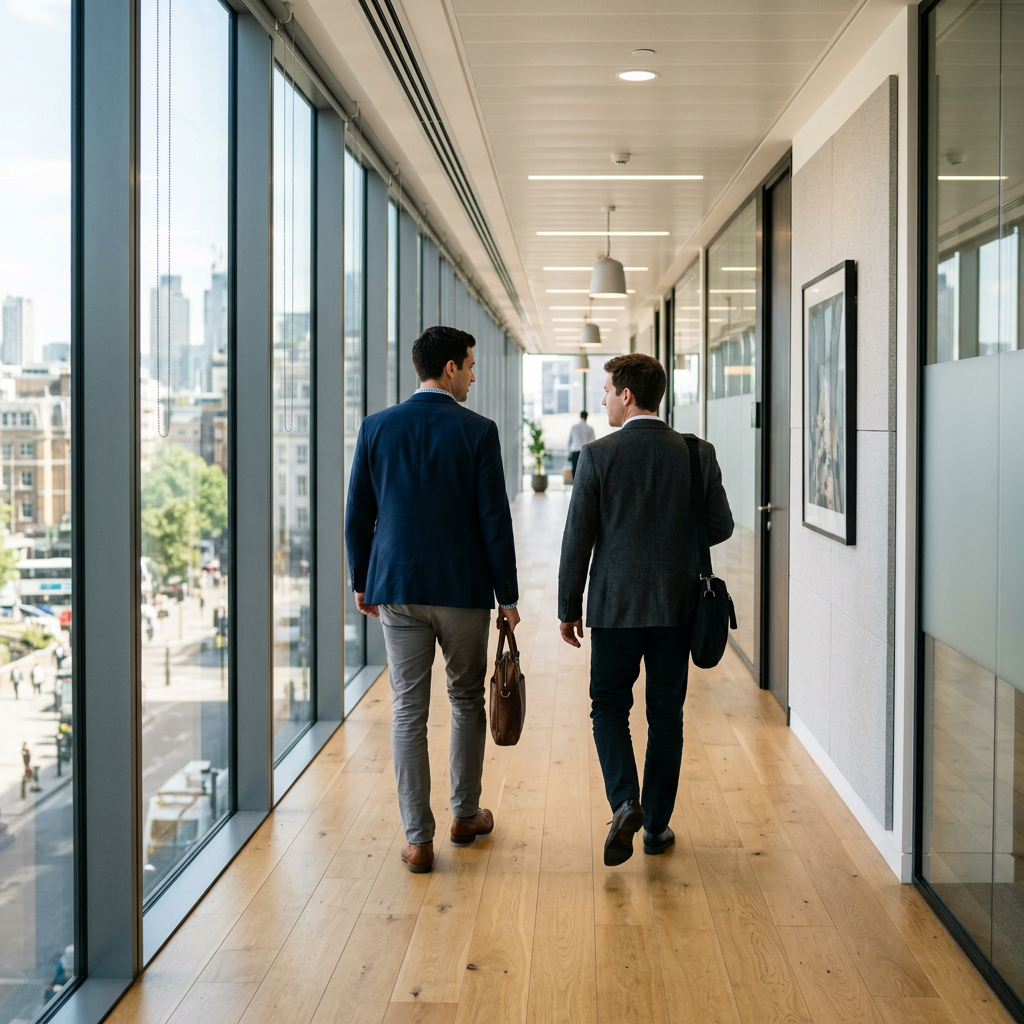 Two men in a modern office hallway with natural light