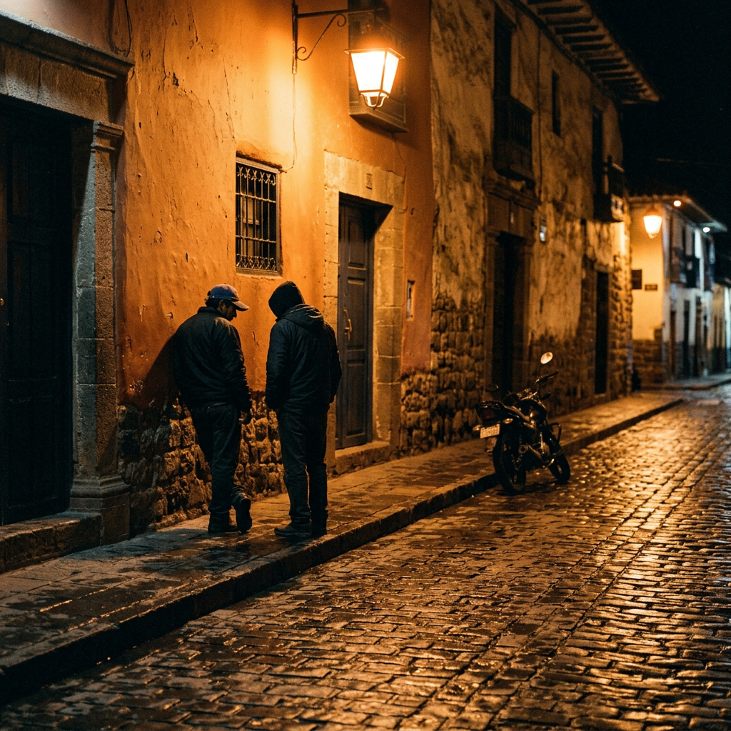 Two men talking on a warm city street at night