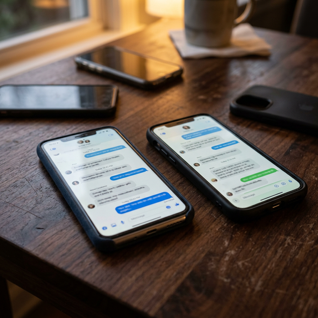 Several phones showing discreet conversations on screen