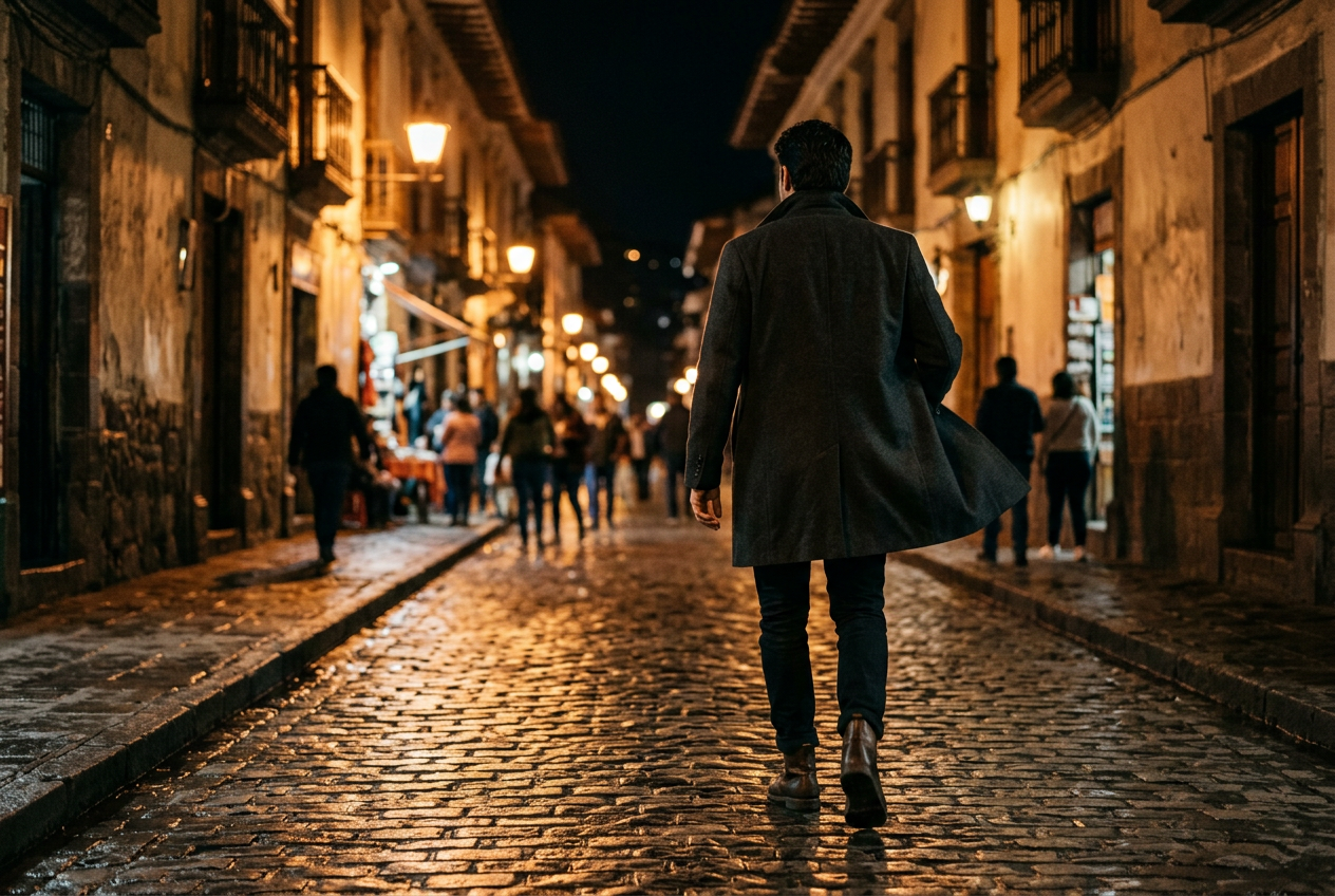 Confident man walking through a lit city street at night